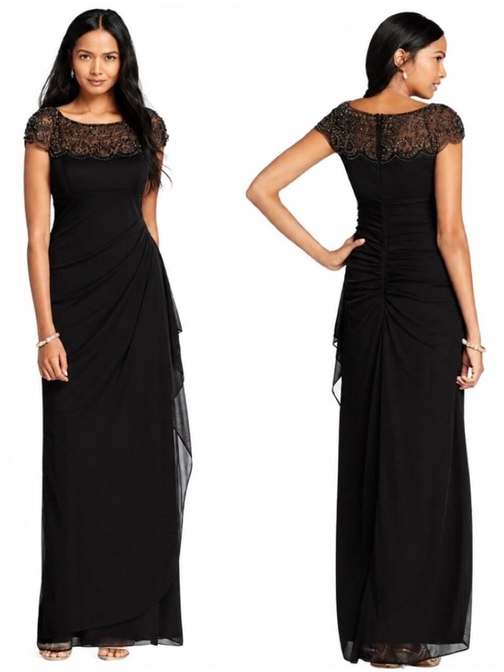 XSCAPE Beaded Maxi Dress Illusion Neckline Ruched Formal Evening Gown Black